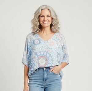 NWT Gigi Moda Made in Italy Tunic Lagenlook Floral OSFM 100% Silk Blue